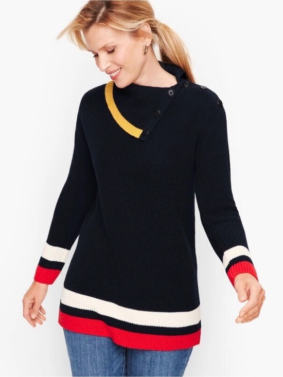 Talbots Sweaters - Talbots Petite MP Navy Colorblock Button Neck Cotton Sweater Tunic